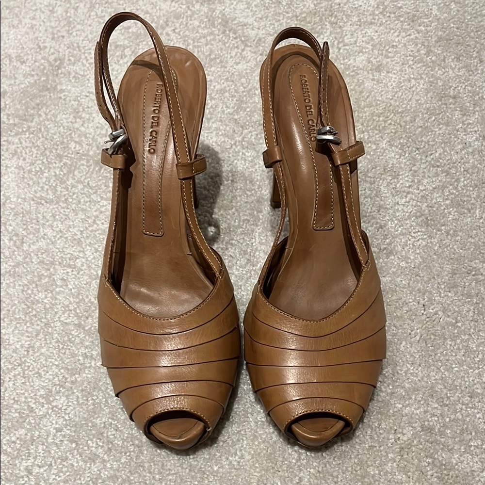 Roberto Del Carlo Tan Heels with Peep-Toe Slingback